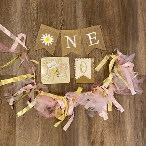 Girls 1st Birthday Decor Bundle; high chair banner, cake topper